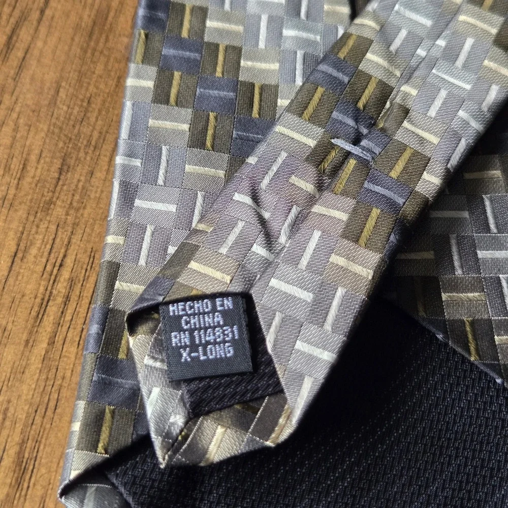 Joseph & Feiss International Mens Silk Tie‎ Grey Olive Geometric X-Long Wide 4in